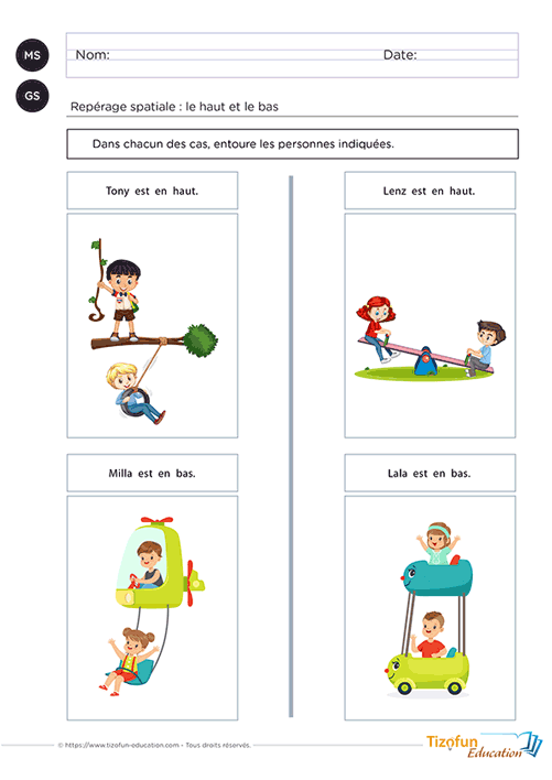 Vocabulaire spatial maternelle - les notions haut et bas