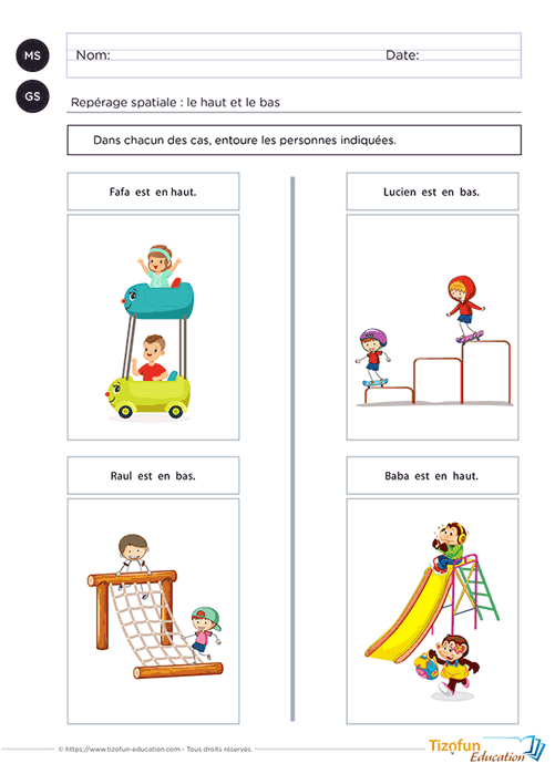 Vocabulaire spatial maternelle - les notions haut et bas