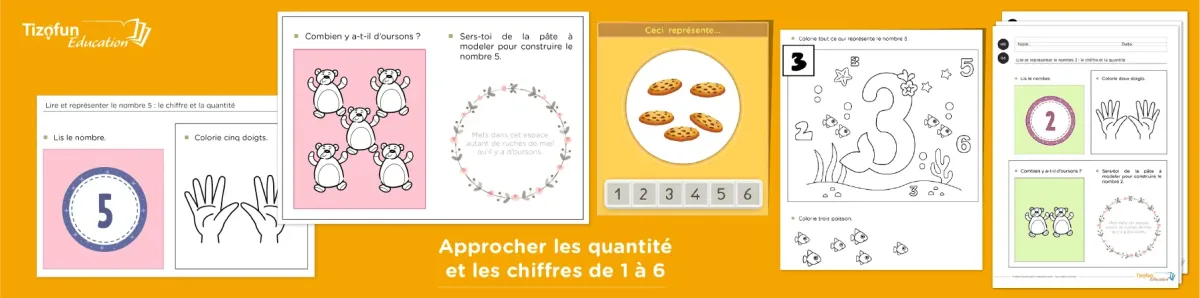 Les nombres de 1 à 6 Exercices pour la reconnaissance et la construction des nombres de 1 à 6 en maternelle