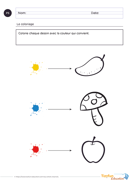 arts visuels, coloriage enfant Maternelle, math - associer une couleur à un objet
