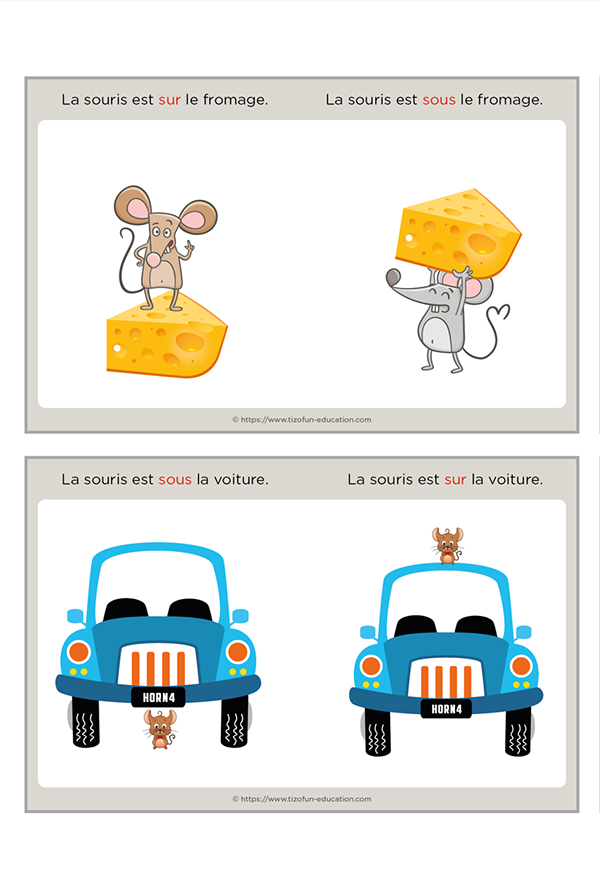 Jeu Observation cartes sur et sous enfants : Vocabulaire Spatial Maternelle - lasouris est sur/sous le fromage ou la voiture
