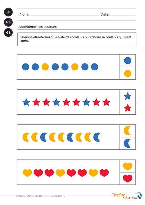 Fiche PDF pour apprendre les suites logiques en maternelle
