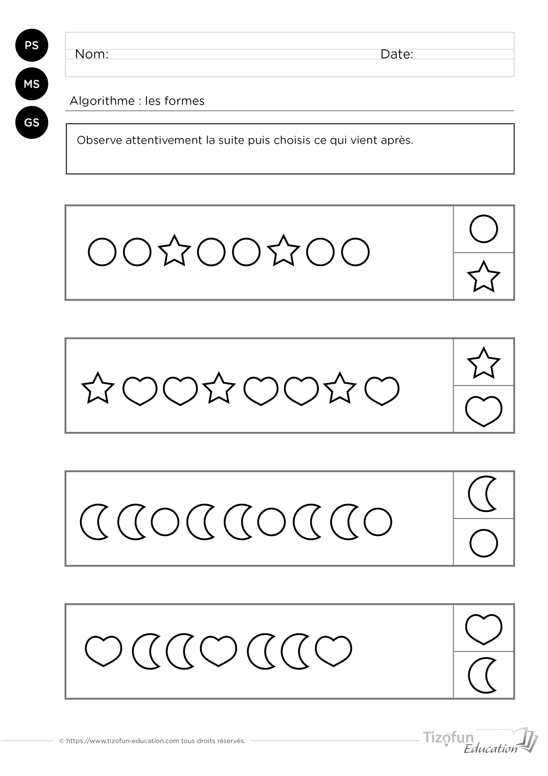 Exercice sequence logique maternelle