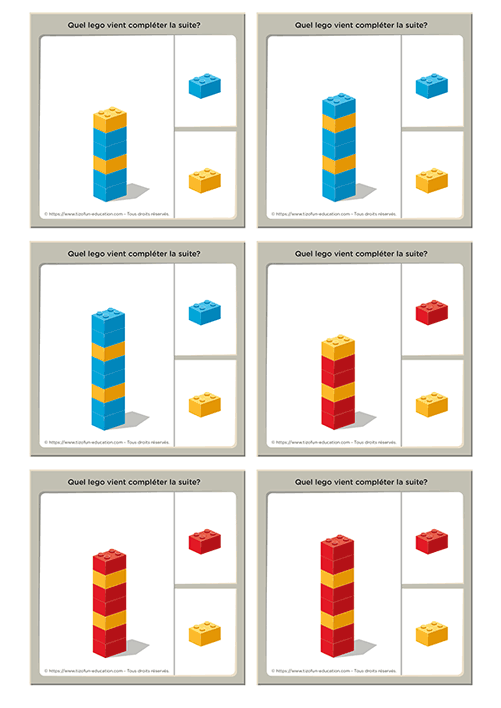 Jeu algorithme maternelle avec les cartes pour reproduire des séquences avec des legos
